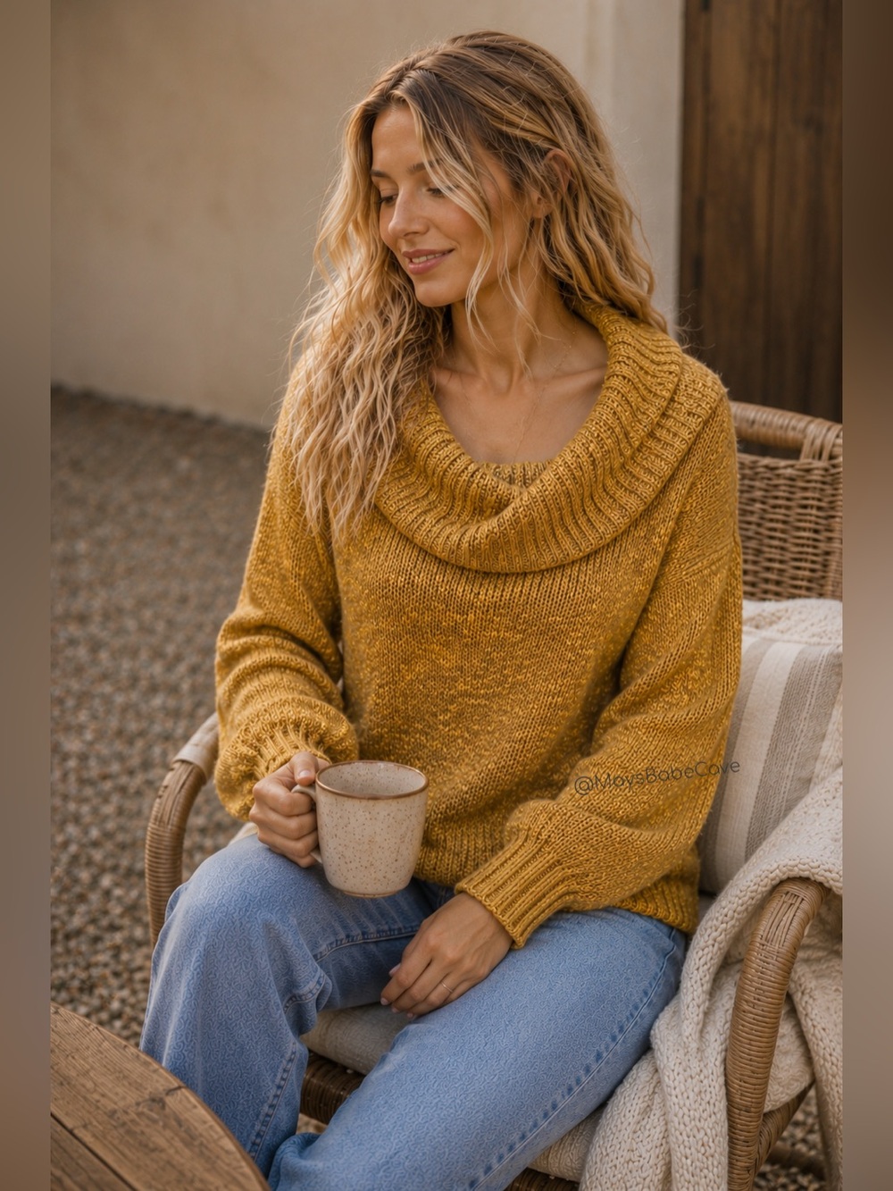 Mustard Yellow Marled Cowl Turtleneck Balloon Sleeve Sweater